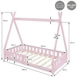 Lit d'enfant ML-Design Tipi 80x160cm rose en bois de pin massif style indien avec sommier matelas
