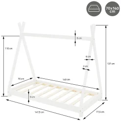 Lit d'enfant ML-Design Tipi 70x140 cm blanc simple en bois de pin sommier à lattes style indien