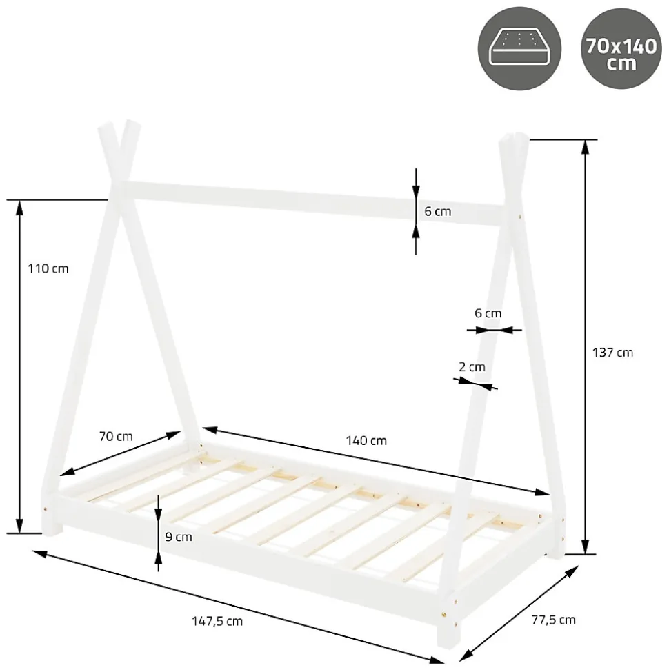Lit d'enfant ML-Design Tipi 70x140 cm blanc simple en bois de pin sommier à lattes style indien