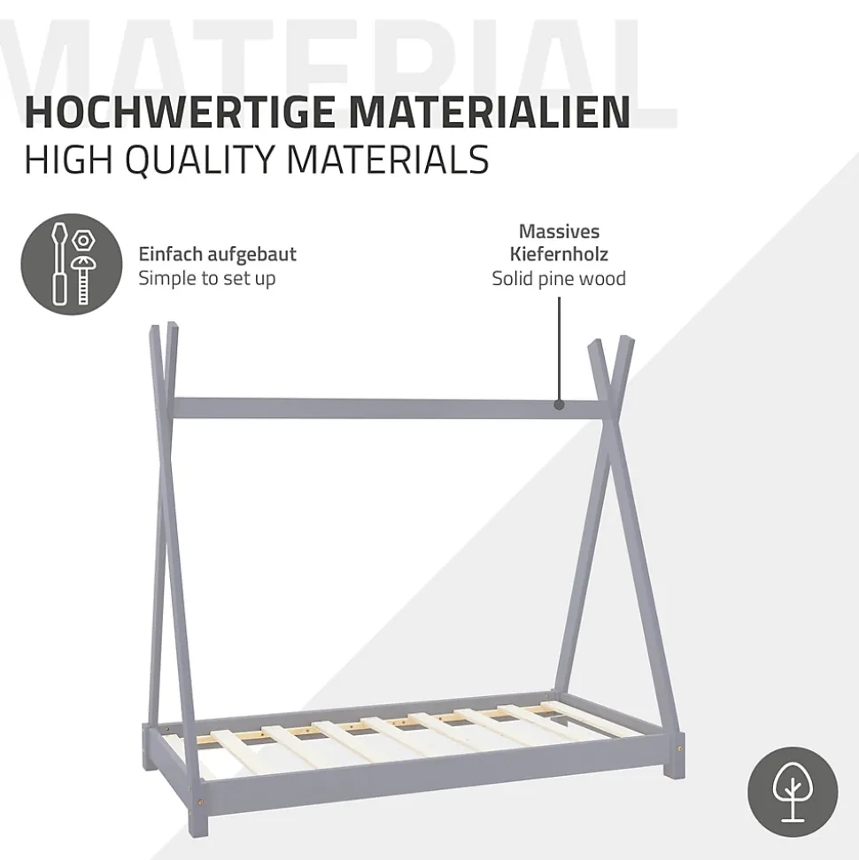 Lit d'enfant ML-Design Tipi 70x140 cm gris clair simple en bois de pin sommier à lattes style indien