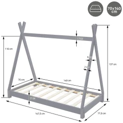 Lit d'enfant ML-Design Tipi 70x140 cm gris clair simple en bois de pin sommier à lattes style indien