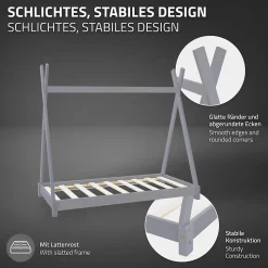 Lit d'enfant ML-Design Tipi 70x140 cm gris clair simple en bois de pin sommier à lattes style indien