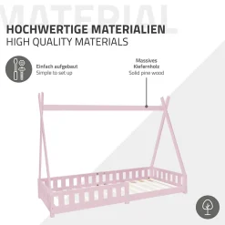 Lit d'enfant ML-Design Tipi 90x200 cm rose cadre en bois de pin style indien avec matelas H:10 cm