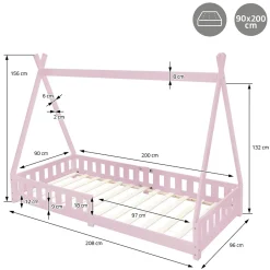 Lit d'enfant ML-Design Tipi 90x200 cm rose cadre en bois de pin style indien avec matelas H:10 cm