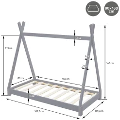 Lit d'enfant ML-Design Tipi 80x160 cm gris clair simple bois de pin avec sommier lattes style indien