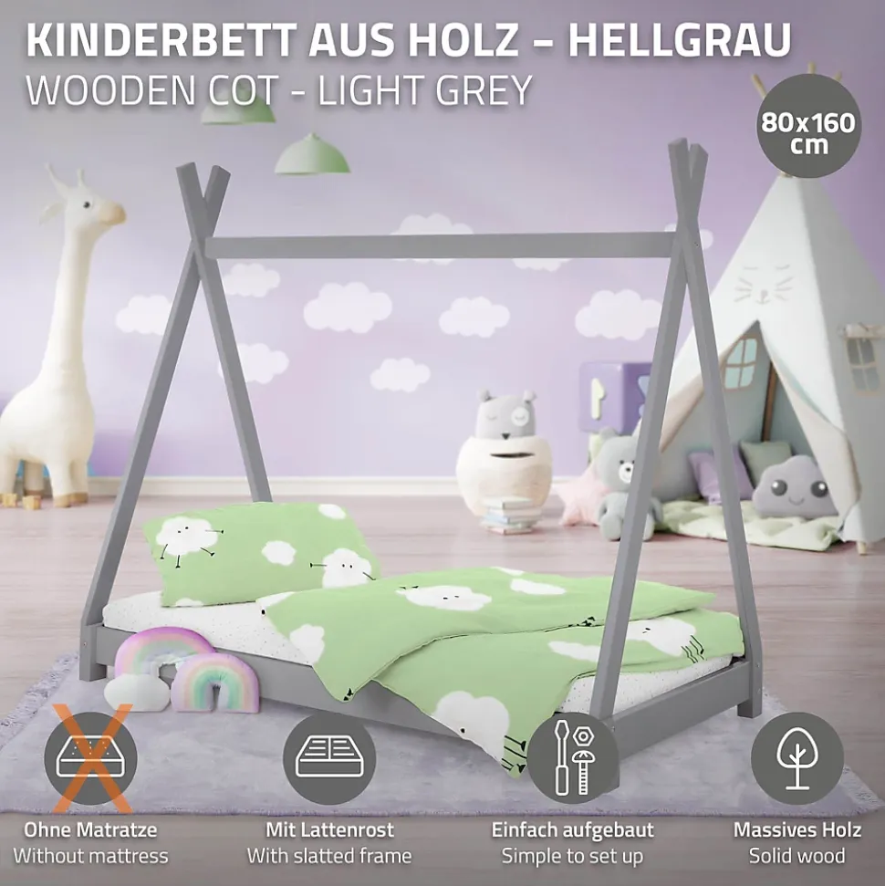 Lit d'enfant ML-Design Tipi 80x160 cm gris clair simple bois de pin avec sommier lattes style indien