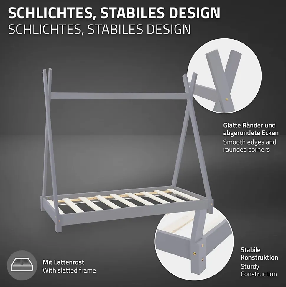 Lit d'enfant ML-Design Tipi 80x160 cm gris clair simple bois de pin avec sommier lattes style indien