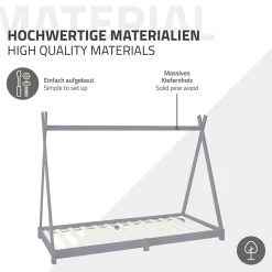 Lit d'enfant ML-Design Tipi 90x200 cm gris clair simple en bois de pin sommier à lattes style indien