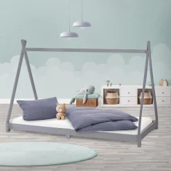 Lit d'enfant ML-Design Tipi 90x200 cm gris clair simple en bois de pin sommier à lattes style indien