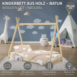Lit d'enfant ML-Design Tipi 70x140cm naturel en bois de pin massif avec sommier matelas style indien