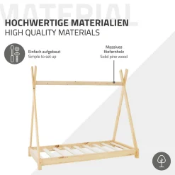 Lit d'enfant ML-Design Tipi 70x140cm naturel en bois de pin massif avec sommier matelas style indien