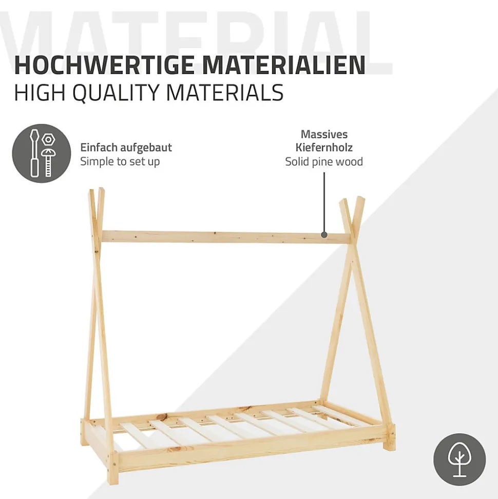 Lit d'enfant ML-Design Tipi 70x140cm naturel en bois de pin massif avec sommier matelas style indien