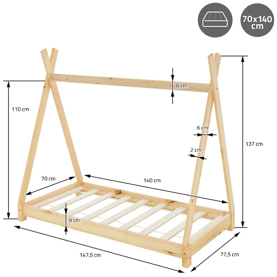 Lit d'enfant ML-Design Tipi 70x140cm naturel en bois de pin massif avec sommier matelas style indien