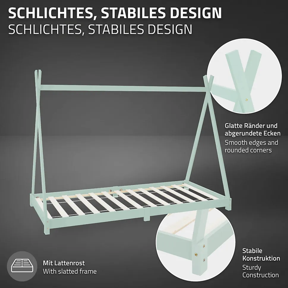 Lit d'enfant ML-Design Tipi 90x200cm menthe simple en bois de pin avec sommier à lattes style indien