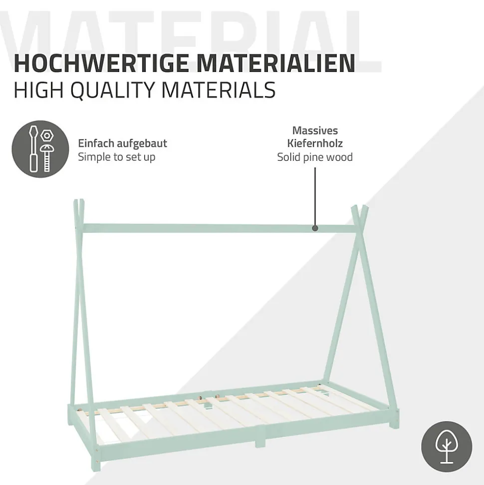 Lit d'enfant ML-Design Tipi 90x200cm menthe simple en bois de pin avec sommier à lattes style indien