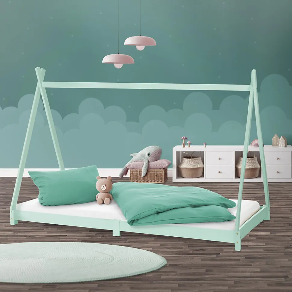 Lit d'enfant ML-Design Tipi 90x200cm menthe simple en bois de pin avec sommier à lattes style indien