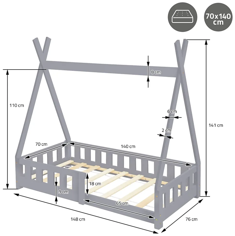 Lit d'enfant ML-Design Tipi 70x140 cm gris clair en bois de pin avec sommier matelas style indien