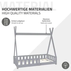 Lit d'enfant ML-Design Tipi 70x140 cm gris clair en bois de pin avec sommier matelas style indien