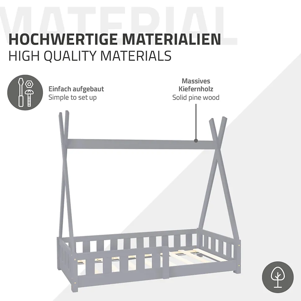 Lit d'enfant ML-Design Tipi 70x140 cm gris clair en bois de pin avec sommier matelas style indien