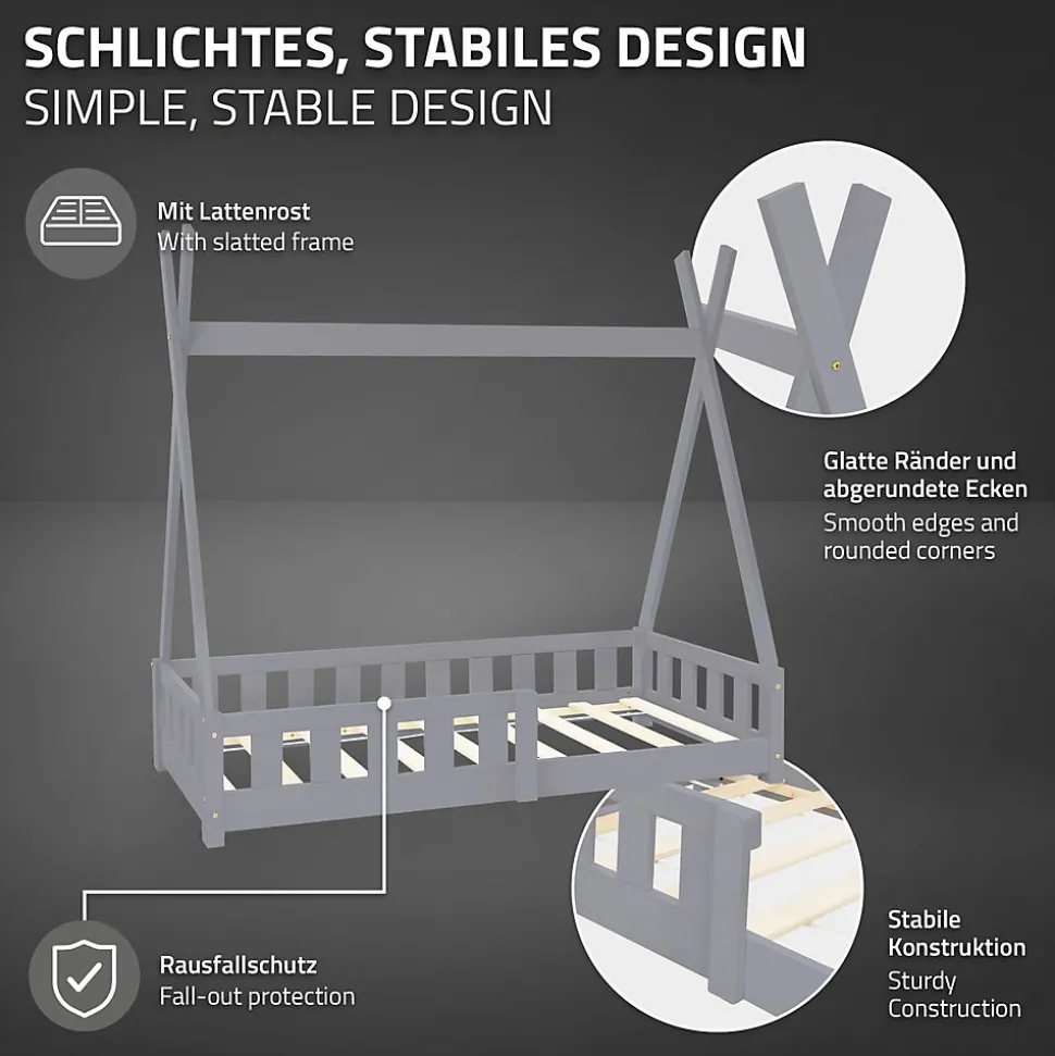 Lit d'enfant ML-Design Tipi 70x140 cm gris clair en bois de pin avec sommier matelas style indien