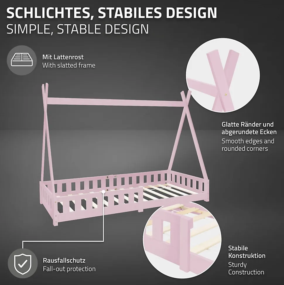 Lit d'enfant ML-Design Tipi 90x200 cm rose en bois de pin massif avec matelas H:16 cm style indien