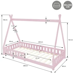 Lit d'enfant ML-Design Tipi 90x200 cm rose en bois de pin massif avec matelas H:16 cm style indien