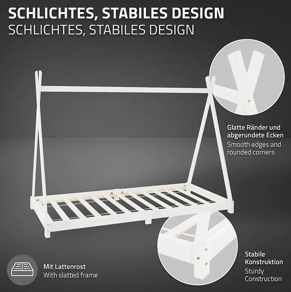 Lit d'enfant ML-Design Tipi 90x200 cm blanc simple en bois de pin avec sommier à lattes style indien