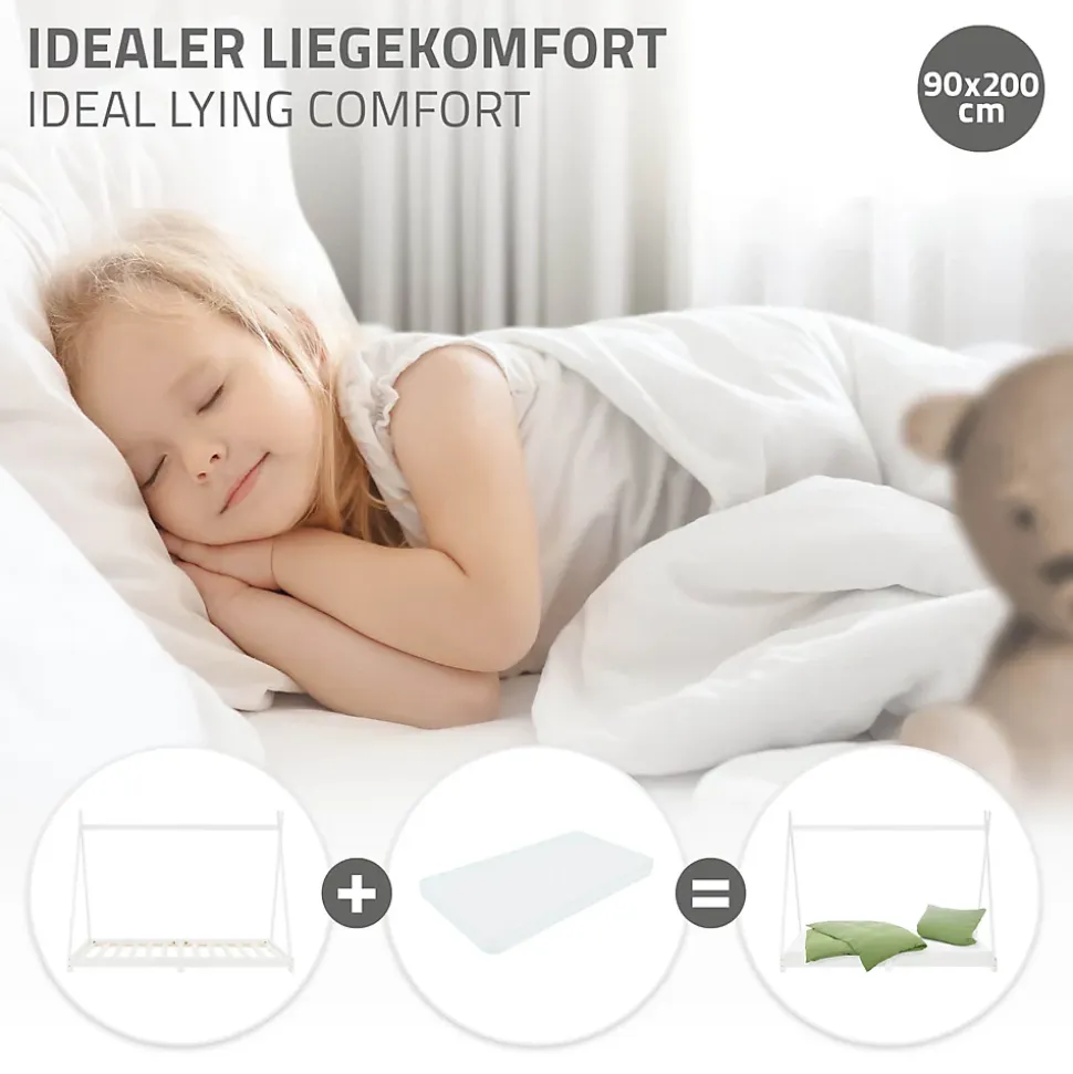 Lit d'enfant ML-Design Tipi 90x200 cm blanc simple en bois de pin avec sommier à lattes style indien