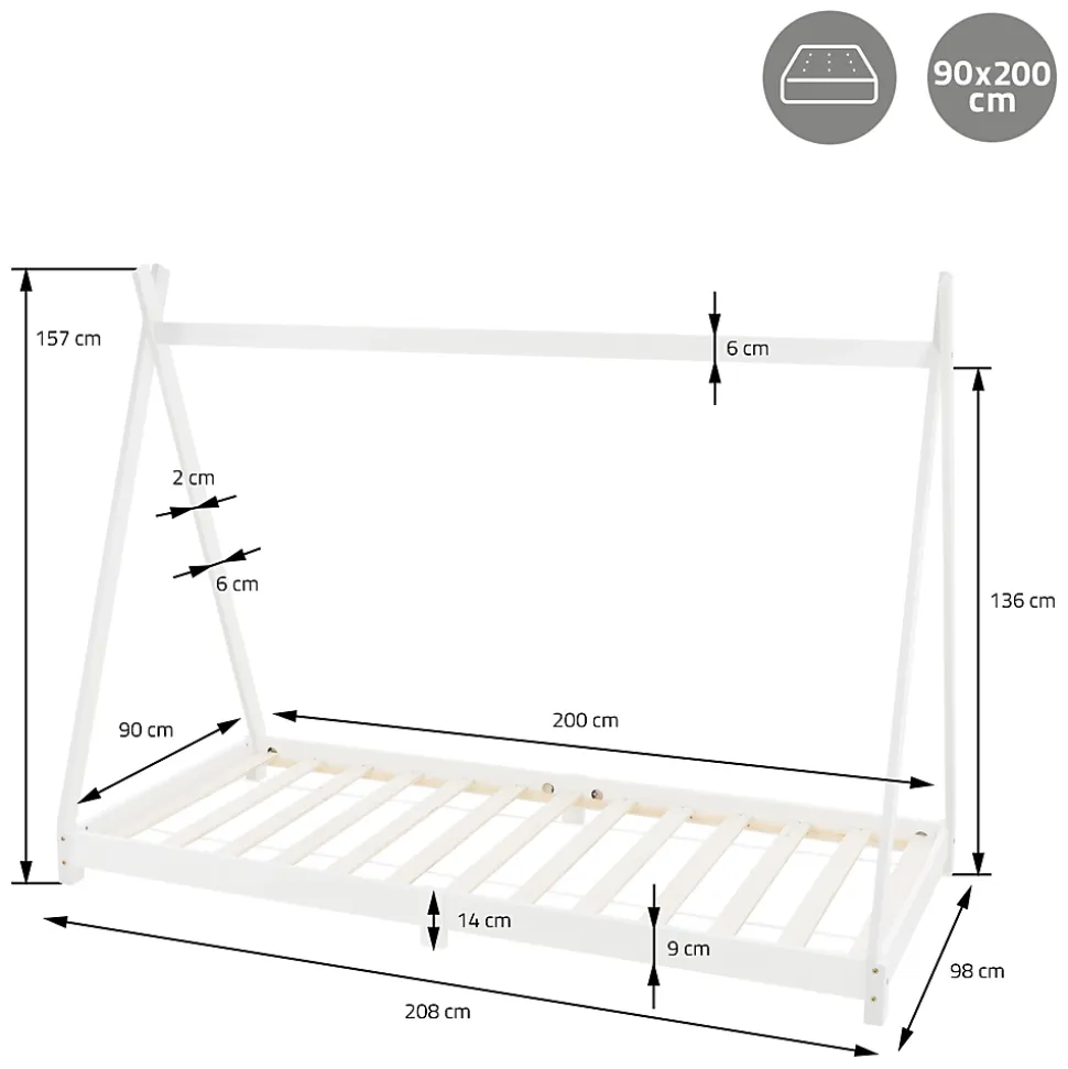 Lit d'enfant ML-Design Tipi 90x200 cm blanc simple en bois de pin avec sommier à lattes style indien