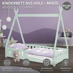 Lit d'enfant ML-Design Tipi 80x160cm menthe en bois de pin massif style indien avec sommier matelas