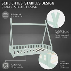 Lit d'enfant ML-Design Tipi 80x160cm menthe en bois de pin massif style indien avec sommier matelas