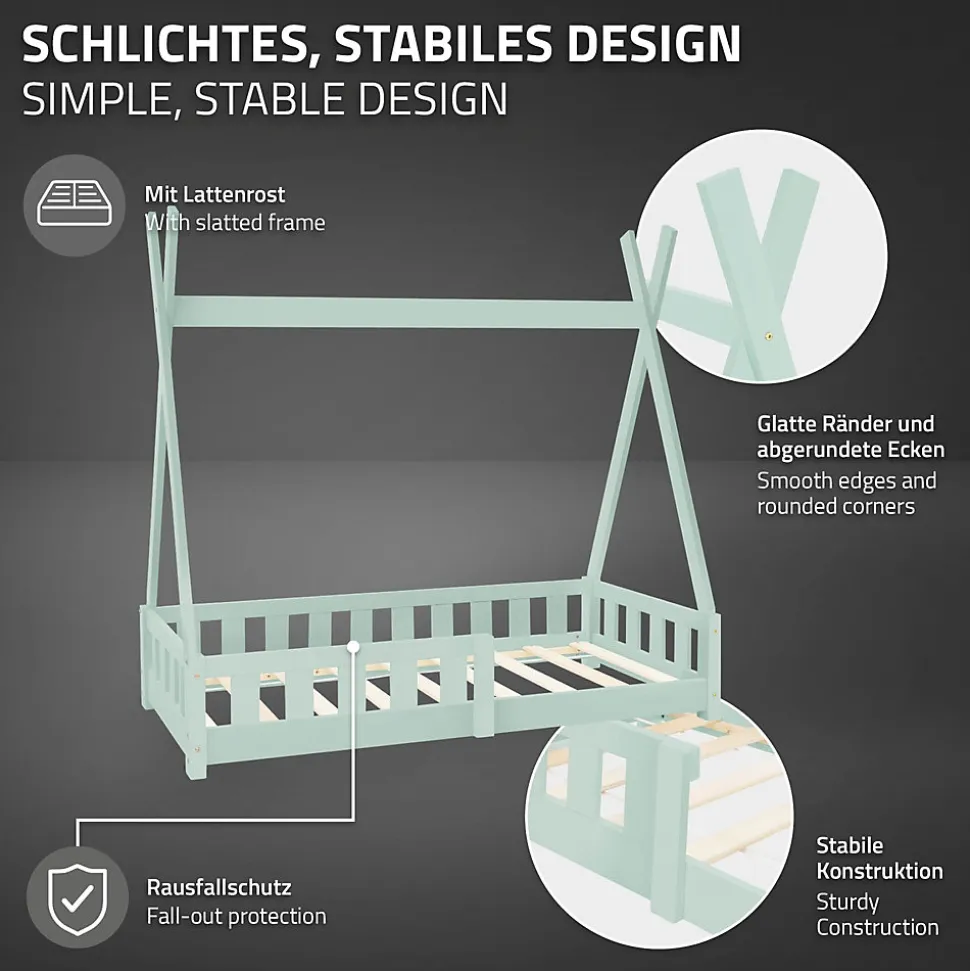 Lit d'enfant ML-Design Tipi 70x140 cm menthe en bois de pin massif avec sommier matelas style indien