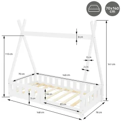 Lit d'enfant ML-Design Tipi 70x140 cm blanc en bois de pin massif avec sommier matelas style indien