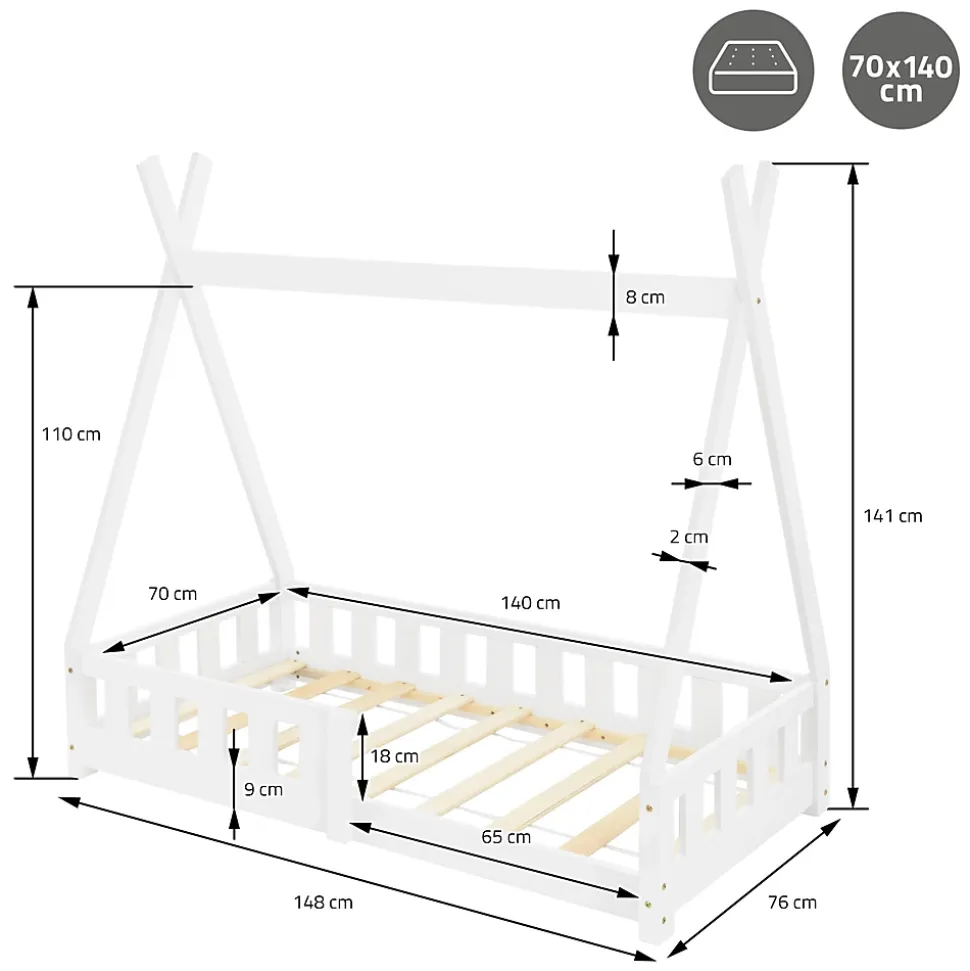 Lit d'enfant ML-Design Tipi 70x140 cm blanc en bois de pin massif avec sommier matelas style indien