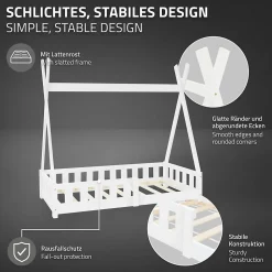 Lit d'enfant ML-Design Tipi 70x140 cm blanc en bois de pin massif avec sommier matelas style indien