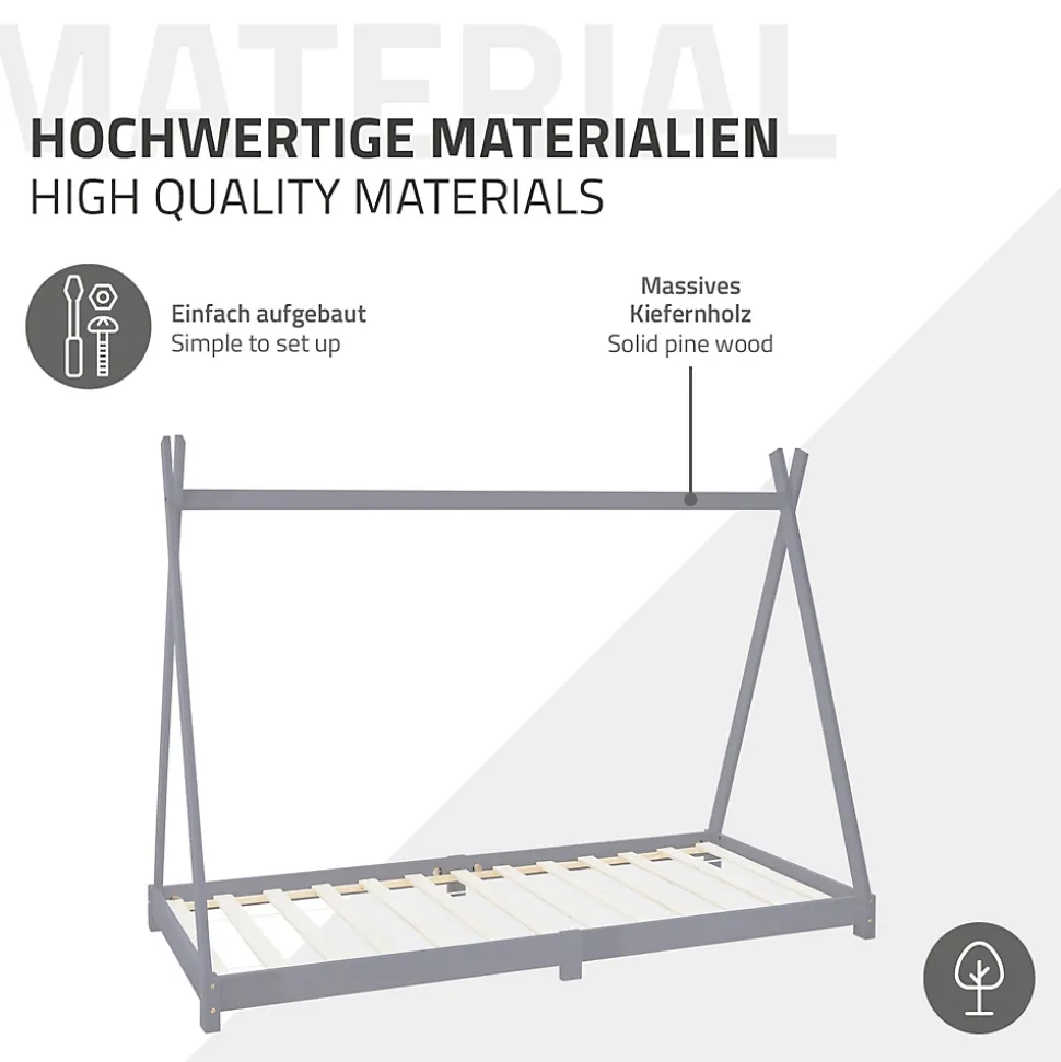 Lit d'enfant ML-Design Tipi 90x200 cm gris clair en bois de pin massif style indien matelas H:10 cm