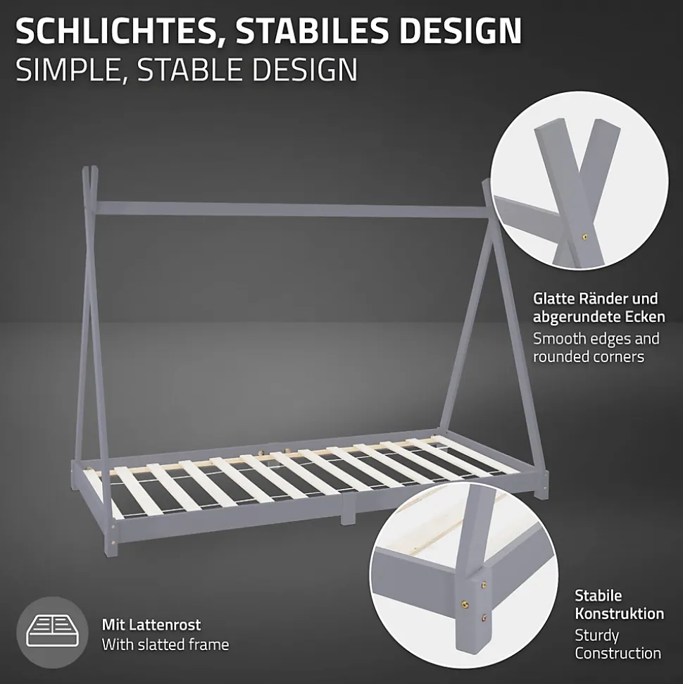 Lit d'enfant ML-Design Tipi 90x200 cm gris clair en bois de pin massif style indien matelas H:10 cm