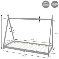 Lit d'enfant ML-Design Tipi 90x200 cm gris clair en bois de pin massif style indien matelas H:10 cm