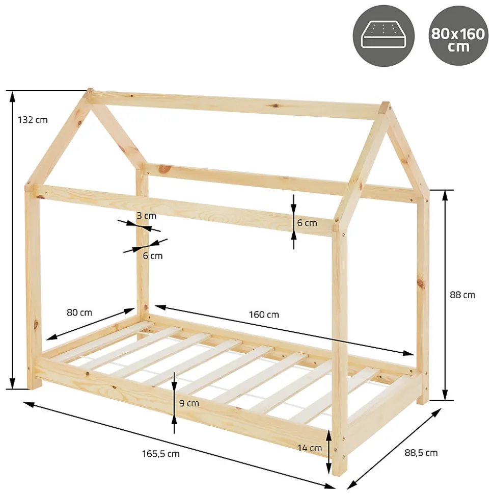 Lit d'enfant ML-Design 80x160 cm naturel en bois de pin massif style maison avec sommier et matelas