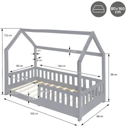 Lit d'enfant ML-Design 80x160 cm gris clair bois de pin massif style maison avec sommier et matelas