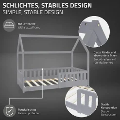 Lit d'enfant ML-Design 80x160 cm gris clair bois de pin massif style maison avec sommier et matelas