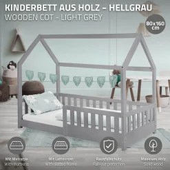 Lit d'enfant ML-Design 80x160 cm gris clair bois de pin massif style maison avec sommier et matelas