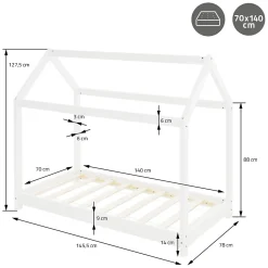 Lit d'enfant ML-Design 70x140 cm blanc en bois de pin massif style maison avec sommier et matelas