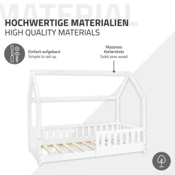 Lit d'enfant ML-Design 80x160 cm naturel bois de pin massif style maison avec matelas et protection