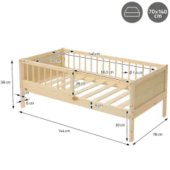 Lit d'enfant ML-Design 70x140 cm simple naturel en bois de pin avec sommier à lattes sans matelas