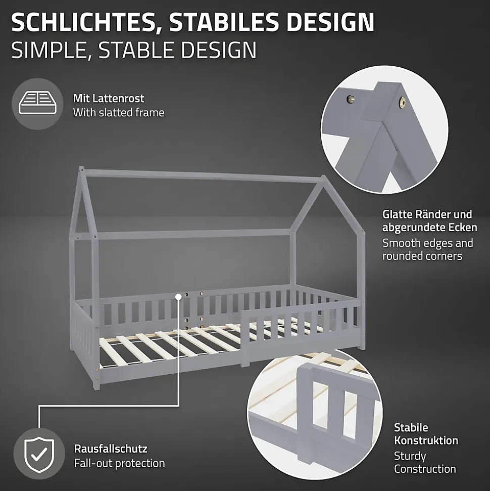 Lit d'enfant ML-Design 90x200 cm gris clair en bois de pin massif style maison avec matelas H:16 cm