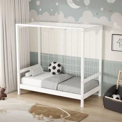Lit d'enfant ML-Design 70x140 cm blanc en bois de pin avec but de football et sommier à lattes