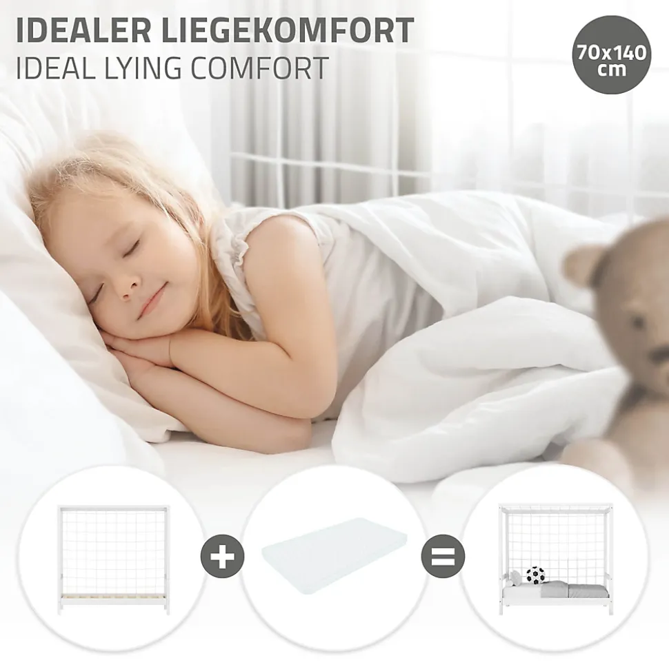 Lit d'enfant ML-Design 70x140 cm blanc en bois de pin avec but de football et sommier à lattes