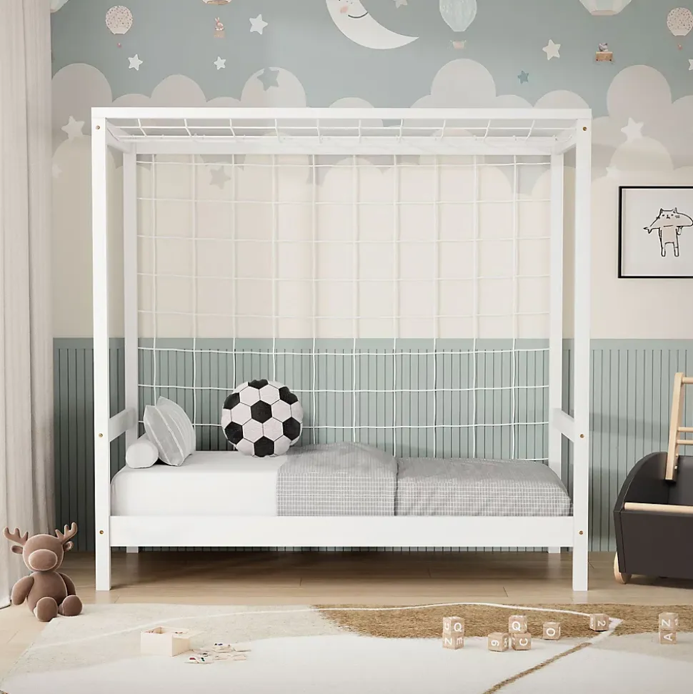 Lit d'enfant ML-Design 70x140 cm blanc en bois de pin avec but de football et sommier à lattes