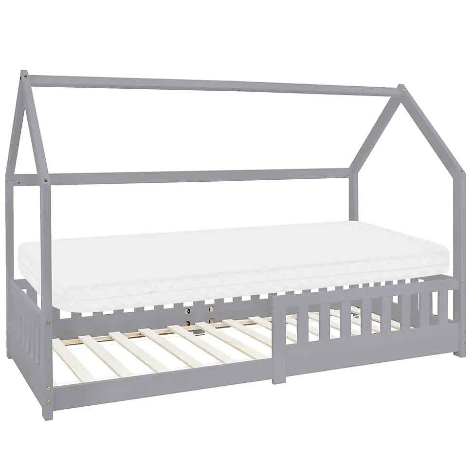 Lit d'enfant ML-Design 90x200 cm gris clair en bois de pin massif style maison avec matelas H:10 cm